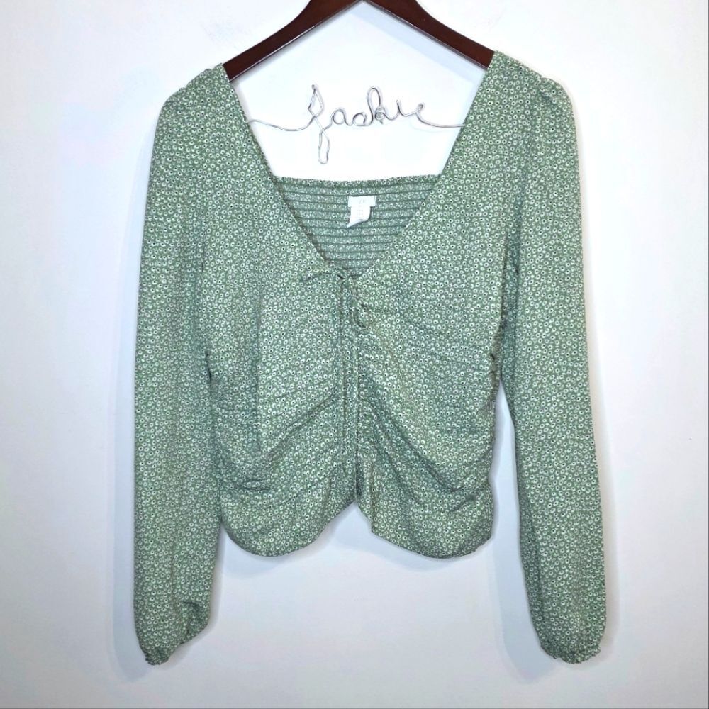 H&M Green Floral Babydoll Peasant Coquette Boho Long Sleeve Top Size Medium